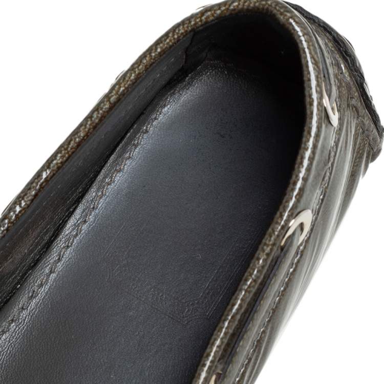 Pre Owned Dior Grey Patent Leather Logo Embellished Slip On Loafers Size 36.5