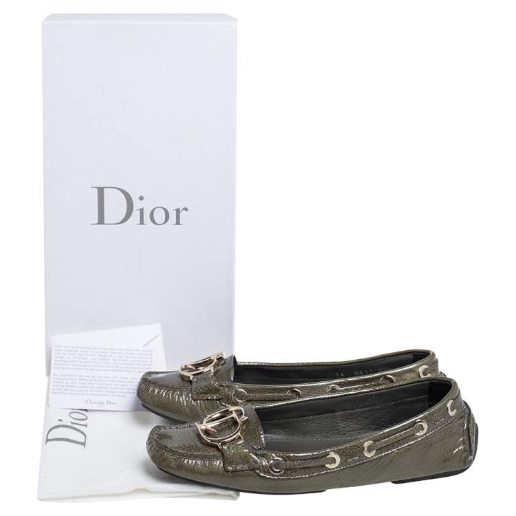 Pre Owned Dior Grey Patent Leather Logo Embellished Slip On Loafers Size 36.5
