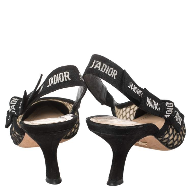 Pre Owned  Dior Black Mesh Embroidered Ribbon J'Adior Slingback Sandals Size 37.5