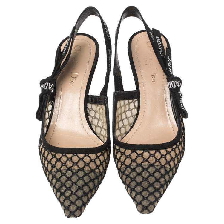 Pre Owned  Dior Black Mesh Embroidered Ribbon J'Adior Slingback Sandals Size 37.5
