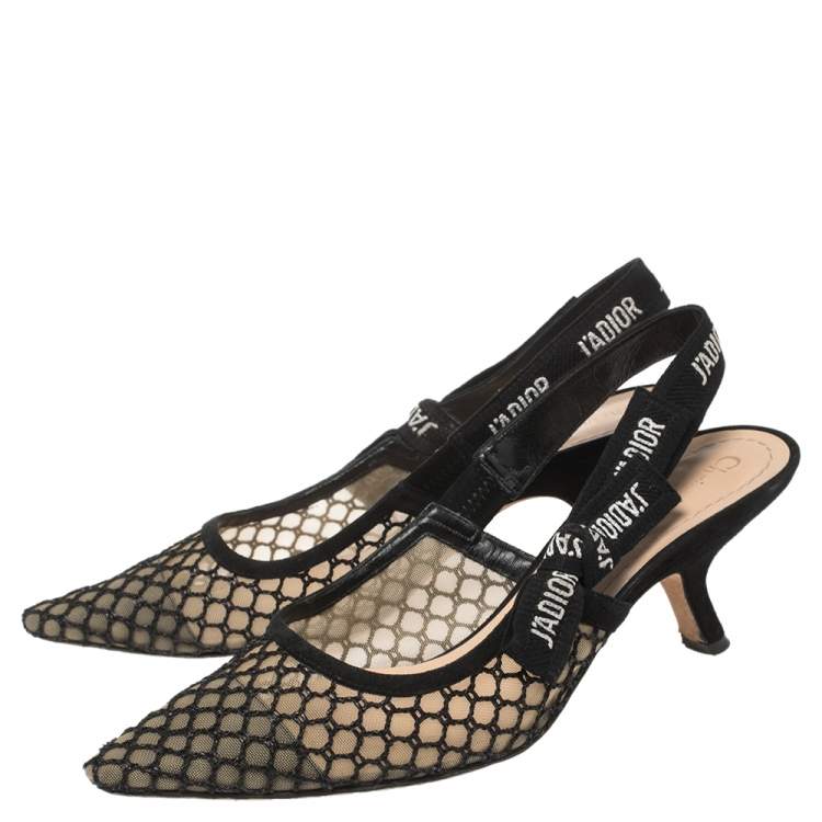 Pre Owned  Dior Black Mesh Embroidered Ribbon J'Adior Slingback Sandals Size 37.5