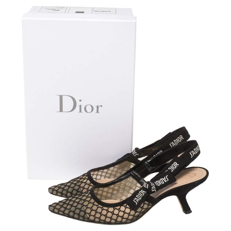 Pre Owned  Dior Black Mesh Embroidered Ribbon J'Adior Slingback Sandals Size 37.5