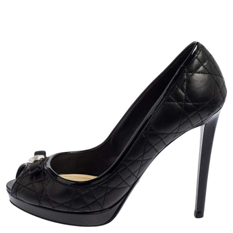 Pre Owned Dior Black Patent Leather And Leather Bow Peep Toe Platform Pumps Size 38