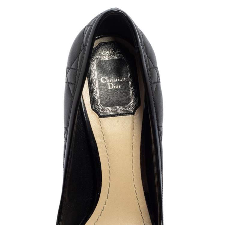 Pre Owned Dior Black Patent Leather And Leather Bow Peep Toe Platform Pumps Size 38