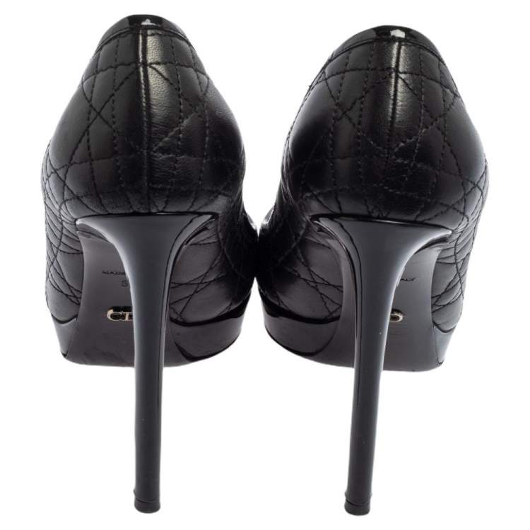 Pre Owned Dior Black Patent Leather And Leather Bow Peep Toe Platform Pumps Size 38