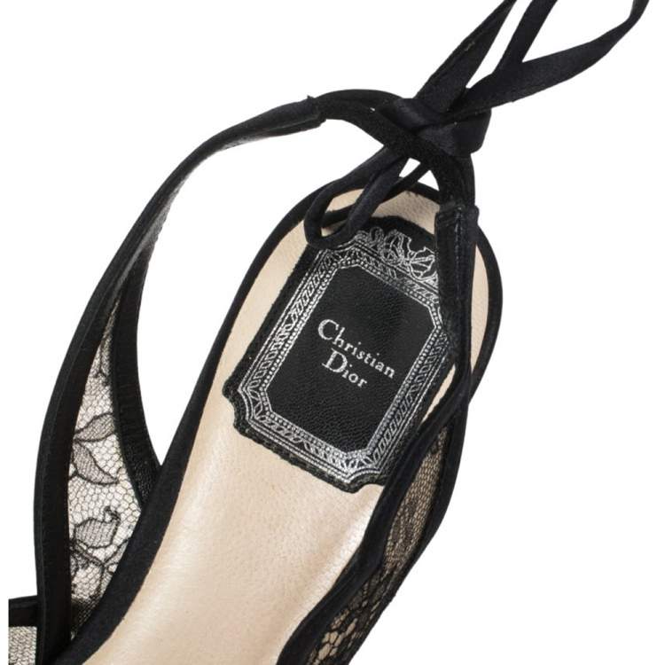 Pre Owned Dior Black Lace And Satin Ankle Tie Slingback Platform Sandals Size 37