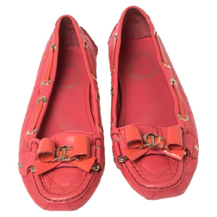 Pre Owned Dior Cerise Pink Cannage Leather Bow Ballet Flats Size 37.5