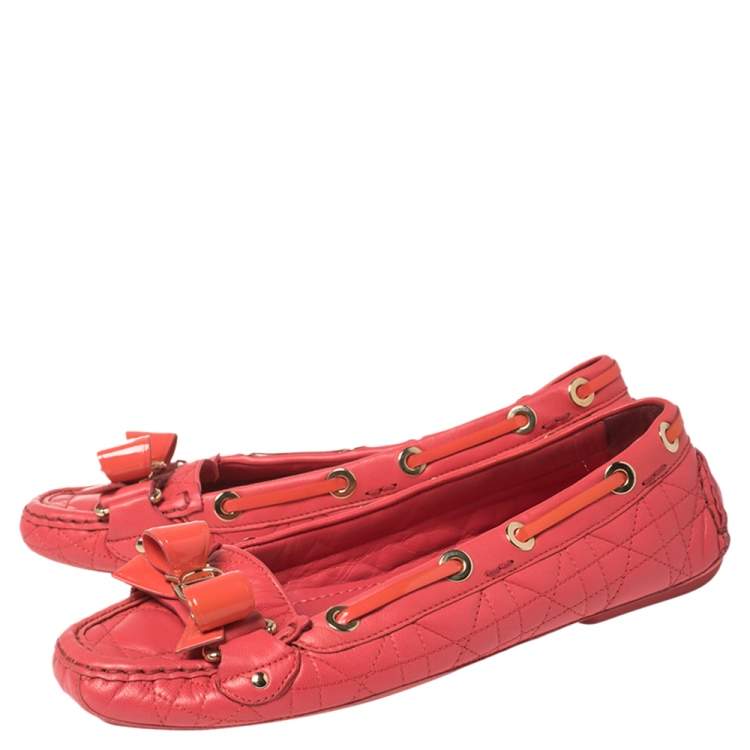 Pre Owned Dior Cerise Pink Cannage Leather Bow Ballet Flats Size 37.5