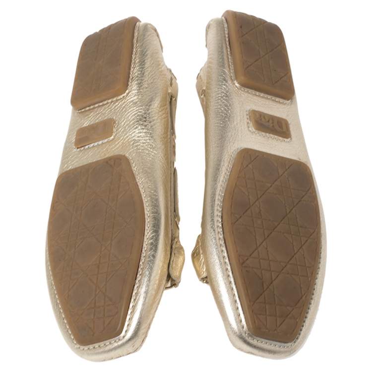 Pre Owned Dior Gold Leather CD Logo Slip On Loafers Size 38