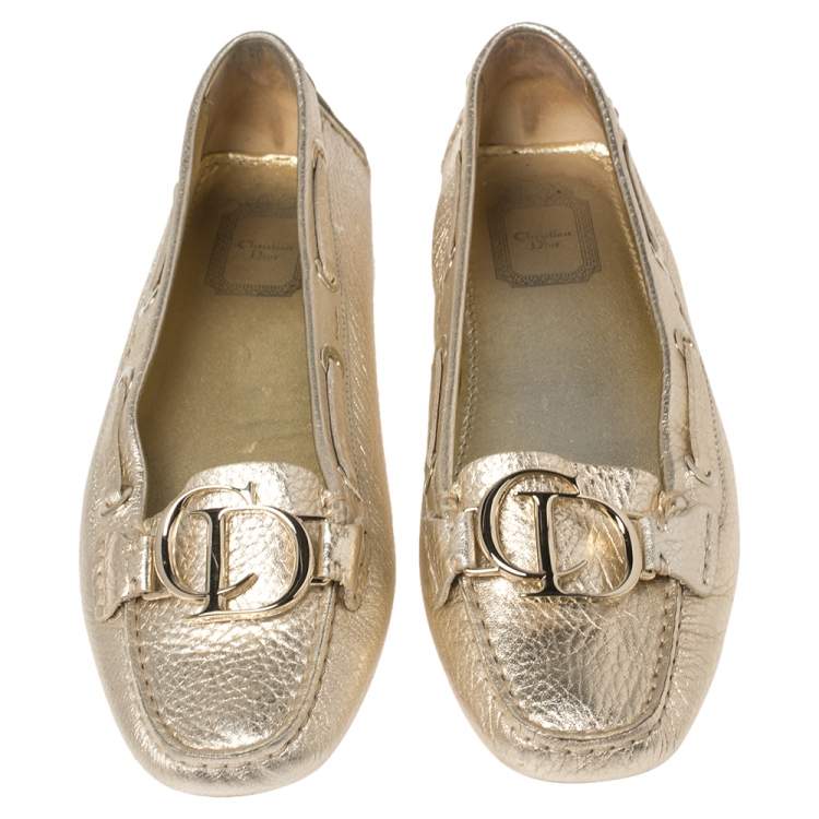 Pre Owned Dior Gold Leather CD Logo Slip On Loafers Size 38