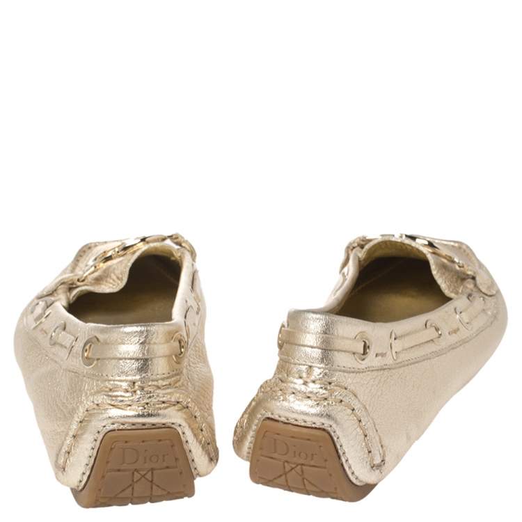 Pre Owned Dior Gold Leather CD Logo Slip On Loafers Size 38