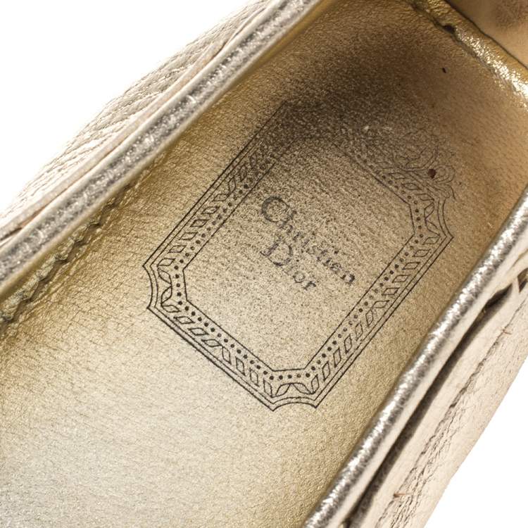 Pre Owned Dior Gold Leather CD Logo Slip On Loafers Size 38
