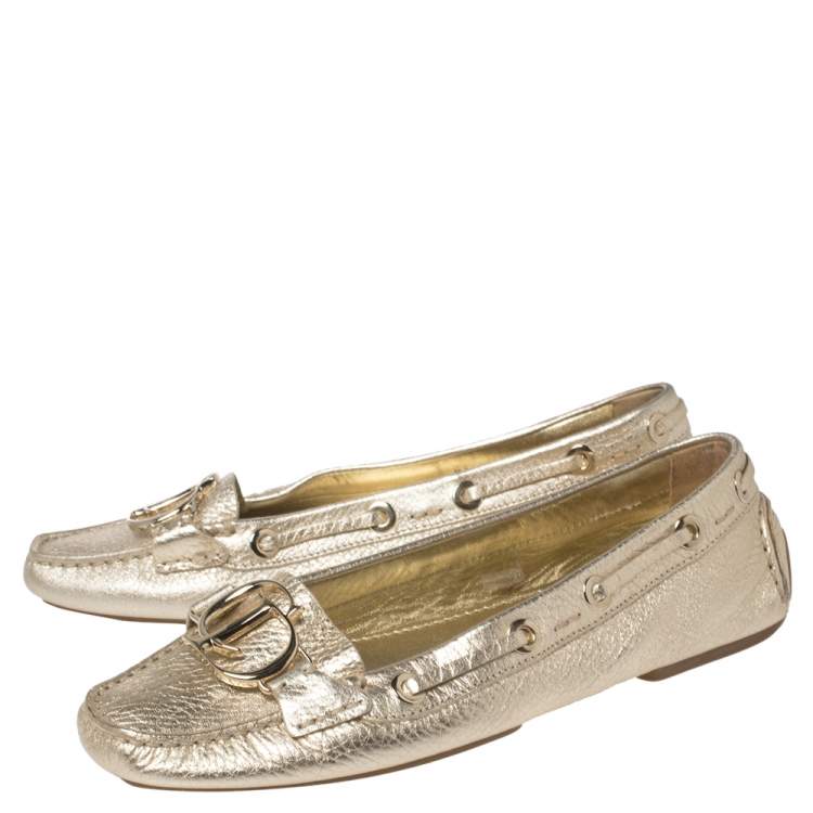 Pre Owned Dior Gold Leather CD Logo Slip On Loafers Size 38