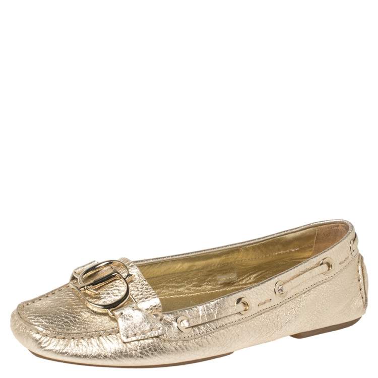 Pre Owned Dior Gold Leather CD Logo Slip On Loafers Size 38