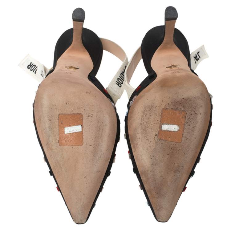 Pre Owned  Dior Black Mesh And Fabric Polka Dot J'Adior Ribbon Slingback Sandals Size 37.5