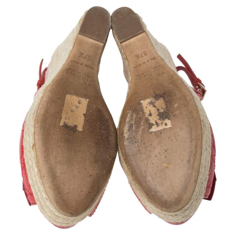 Pre Owned Dior Red Patent Cannage Leather Espadrille Wedge Peep Toe Slingback Sandals Size 37.5