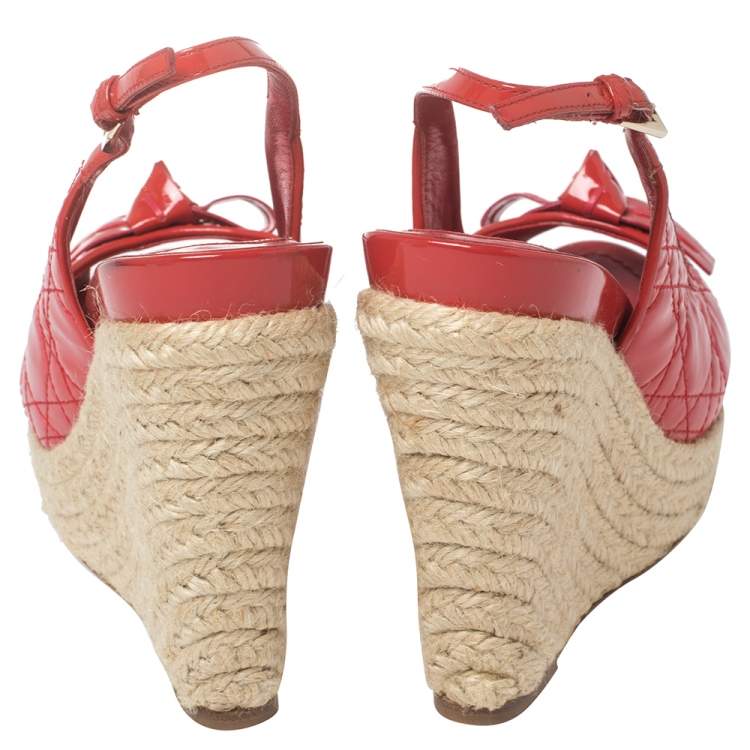 Pre Owned Dior Red Patent Cannage Leather Espadrille Wedge Peep Toe Slingback Sandals Size 37.5