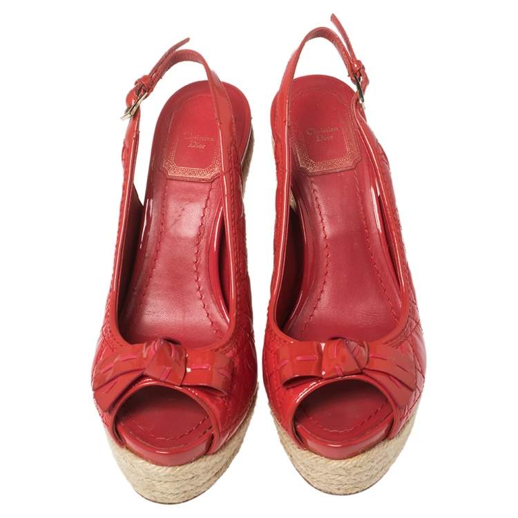 Pre Owned Dior Red Patent Cannage Leather Espadrille Wedge Peep Toe Slingback Sandals Size 37.5