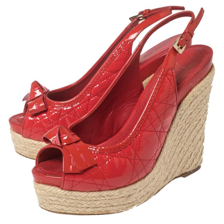 Pre Owned Dior Red Patent Cannage Leather Espadrille Wedge Peep Toe Slingback Sandals Size 37.5