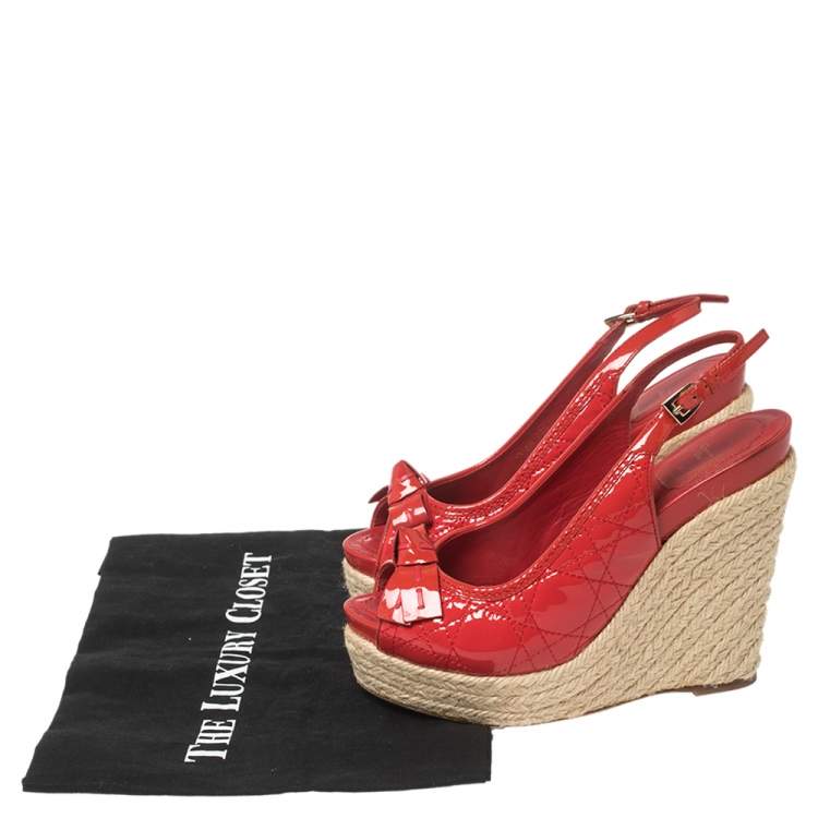 Pre Owned Dior Red Patent Cannage Leather Espadrille Wedge Peep Toe Slingback Sandals Size 37.5