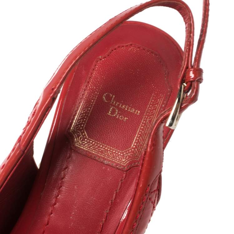 Pre Owned Dior Red Patent Cannage Leather Espadrille Wedge Peep Toe Slingback Sandals Size 37.5
