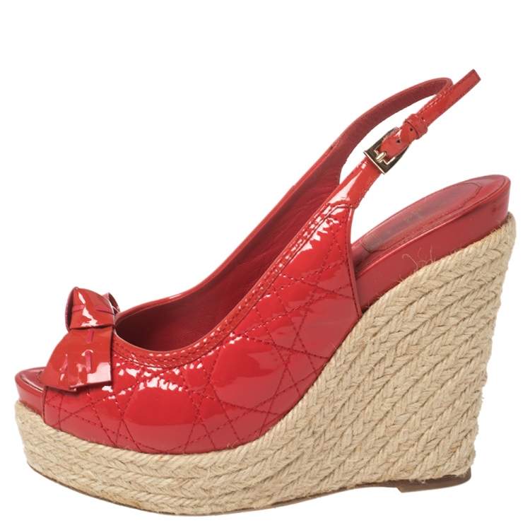Pre Owned Dior Red Patent Cannage Leather Espadrille Wedge Peep Toe Slingback Sandals Size 37.5