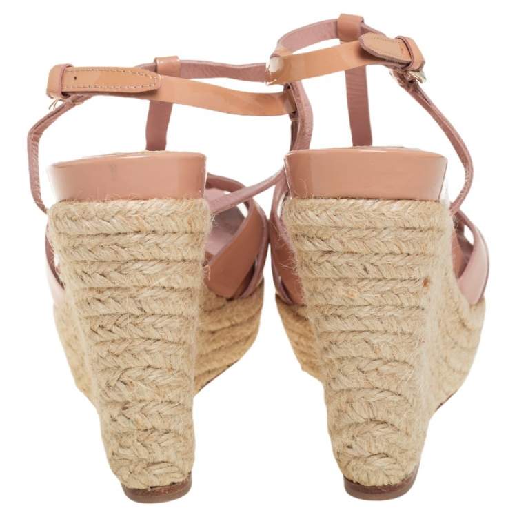 Pre Owned Dior Beige Patent Leather T-Strap Espadrille Wedge Sandals Size 37.5