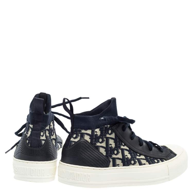 Pre Owned Dior Blue/White Technical Knit and Leather Walk'n'Dior High-Top Sneakers Size 35