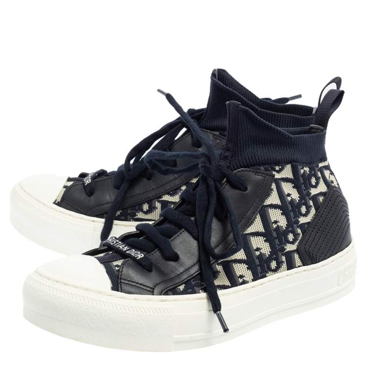 Pre Owned Dior Blue/White Technical Knit and Leather Walk'n'Dior High-Top Sneakers Size 35