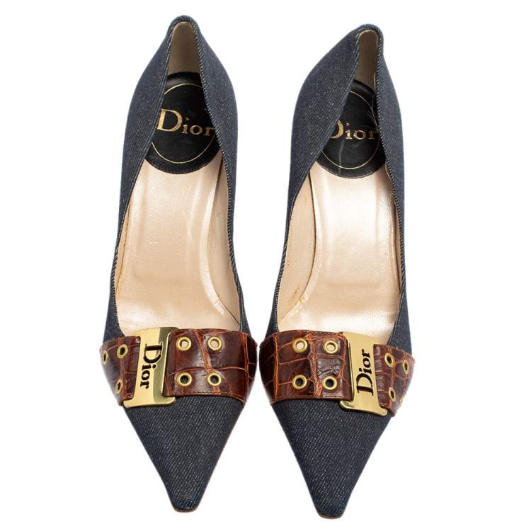Pre Owned Dior Vintage Blue Denim And Crocodile Leather Buckle Detail Pointed Toe Pumps Size 37