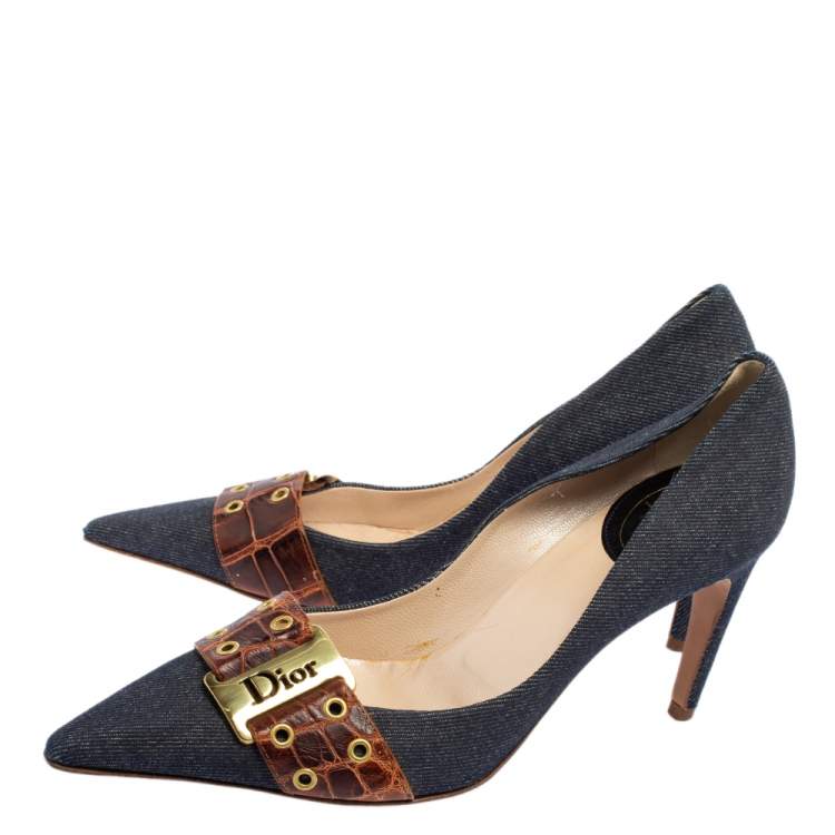 Pre Owned Dior Vintage Blue Denim And Crocodile Leather Buckle Detail Pointed Toe Pumps Size 37