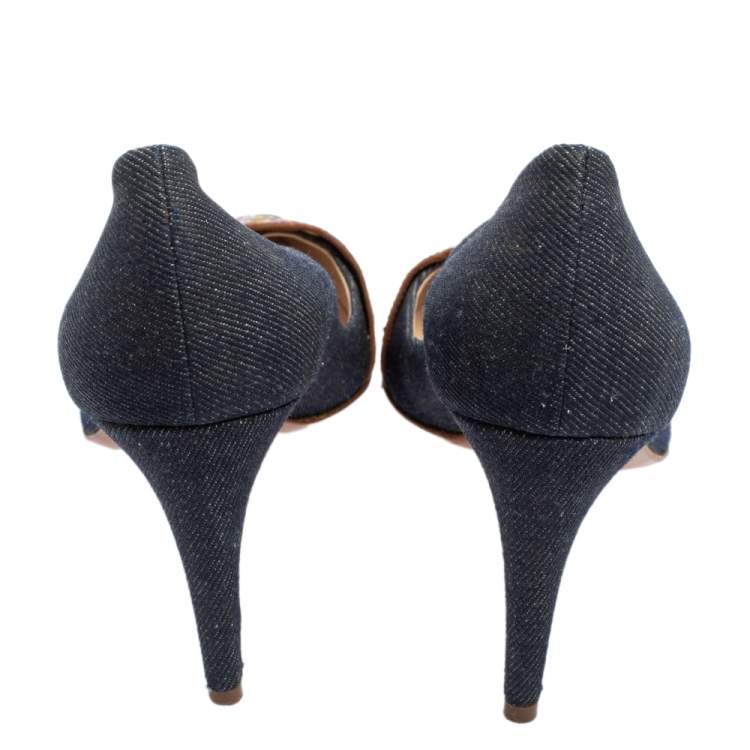 Pre Owned Dior Vintage Blue Denim And Crocodile Leather Buckle Detail Pointed Toe Pumps Size 37