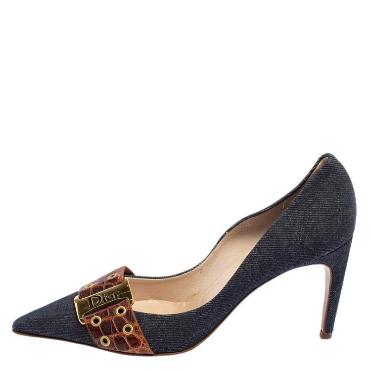 Pre Owned Dior Vintage Blue Denim And Crocodile Leather Buckle Detail Pointed Toe Pumps Size 37