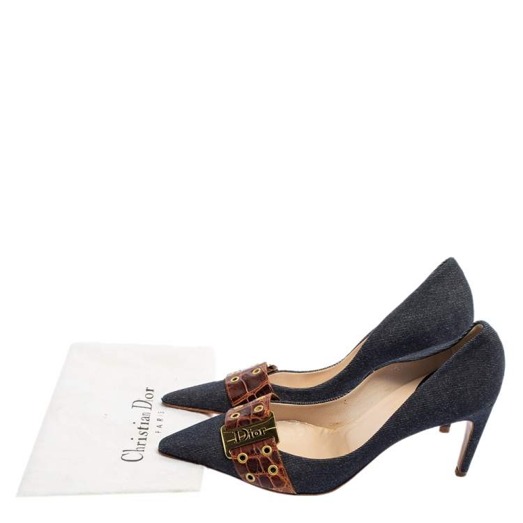 Pre Owned Dior Vintage Blue Denim And Crocodile Leather Buckle Detail Pointed Toe Pumps Size 37