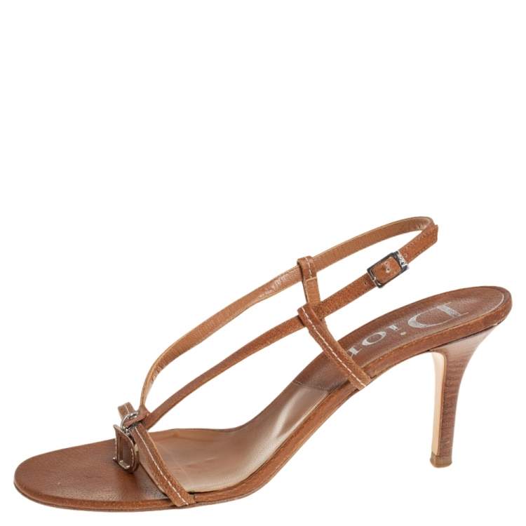 Pre Owned Dior Brown Leather T-Strap Sandals Size 38.5