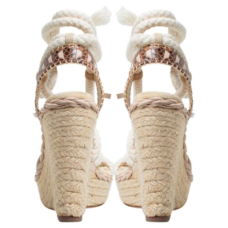 Pre Owned Dior Beige Suede And Python Rope Espadrille Wedge Ankle Wrap Sandals Size 39