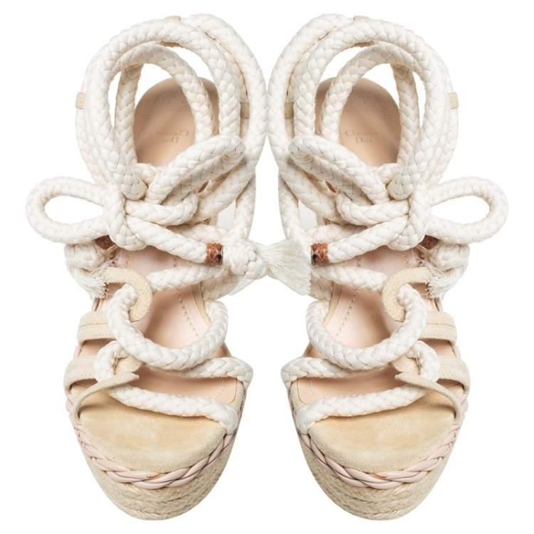 Pre Owned Dior Beige Suede And Python Rope Espadrille Wedge Ankle Wrap Sandals Size 39