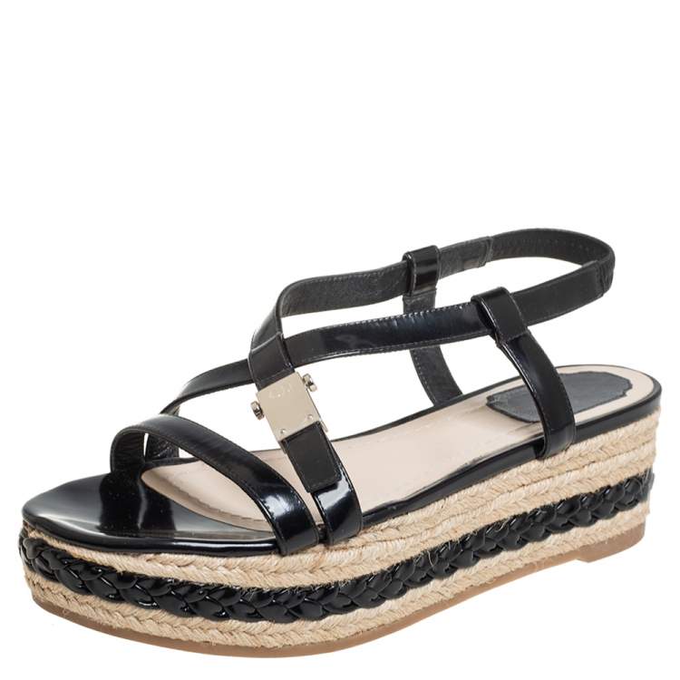 Pre Owned Dior Black Leather Slingback Wedge Espadrille Sandals Size 38