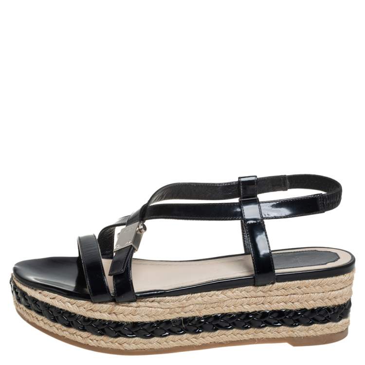 Pre Owned Dior Black Leather Slingback Wedge Espadrille Sandals Size 38