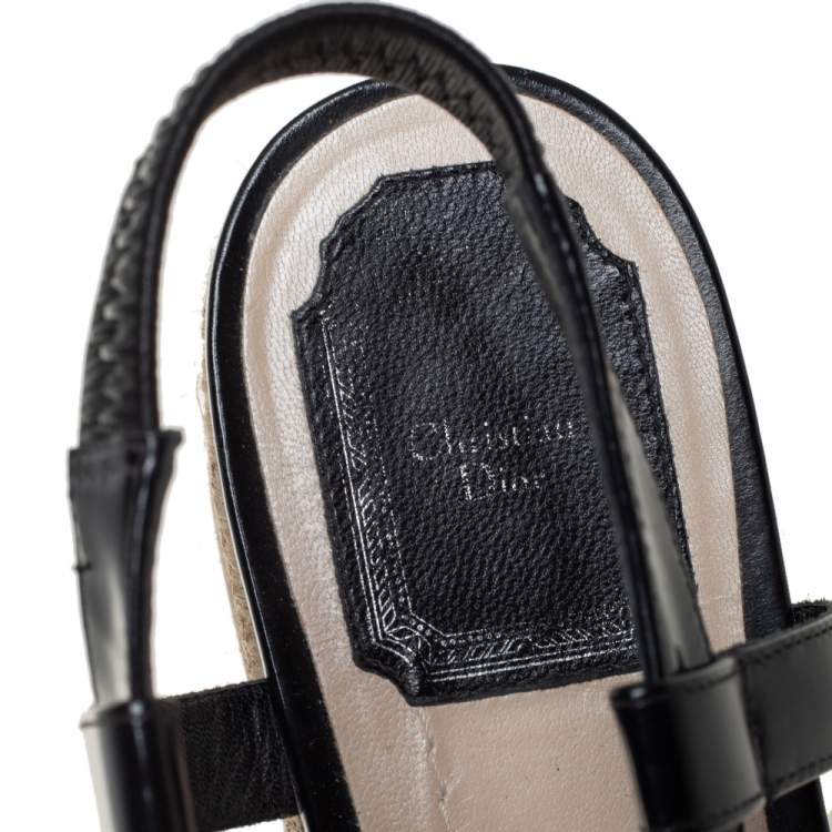 Pre Owned Dior Black Leather Slingback Wedge Espadrille Sandals Size 38