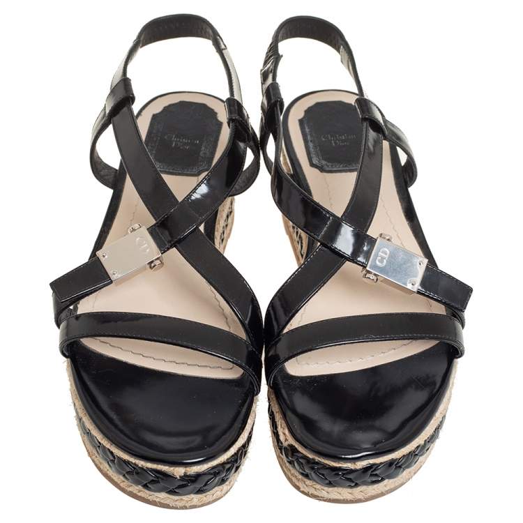 Pre Owned Dior Black Leather Slingback Wedge Espadrille Sandals Size 38
