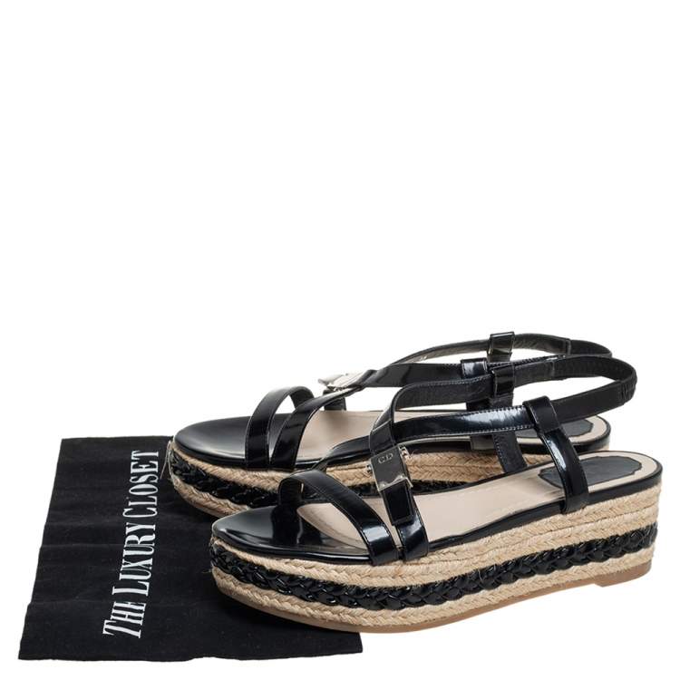 Pre Owned Dior Black Leather Slingback Wedge Espadrille Sandals Size 38