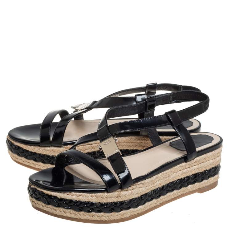 Pre Owned Dior Black Leather Slingback Wedge Espadrille Sandals Size 38