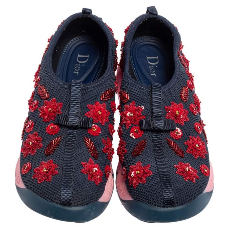 Pre Owned  Dior Blue Mesh Fusion Floral Embellished Slip On Sneakers Size 38