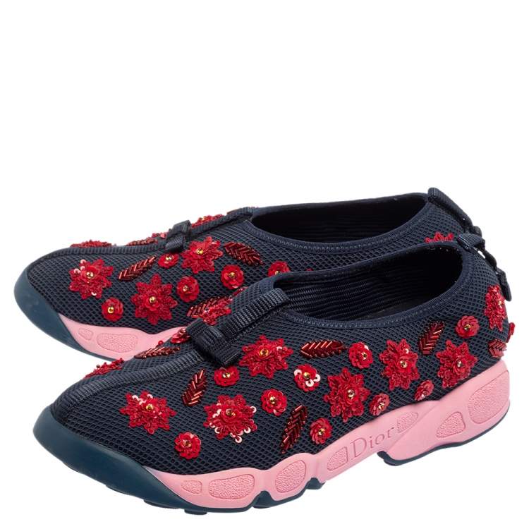 Pre Owned  Dior Blue Mesh Fusion Floral Embellished Slip On Sneakers Size 38