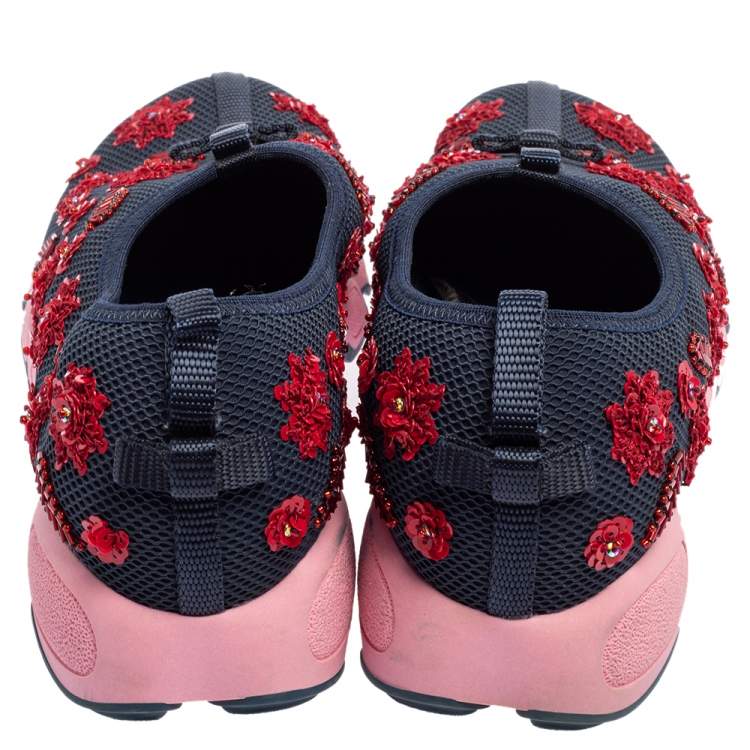 Pre Owned  Dior Blue Mesh Fusion Floral Embellished Slip On Sneakers Size 38