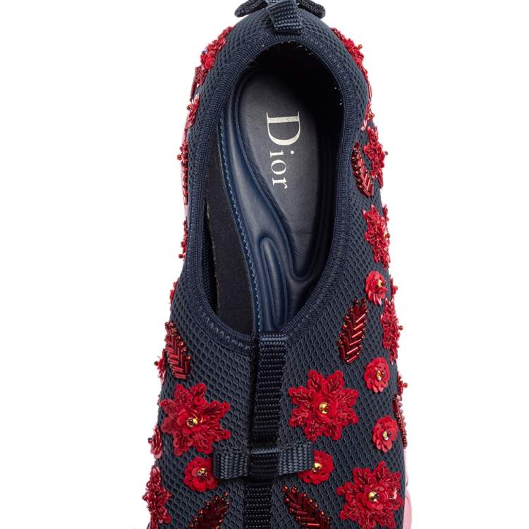 Pre Owned  Dior Blue Mesh Fusion Floral Embellished Slip On Sneakers Size 38