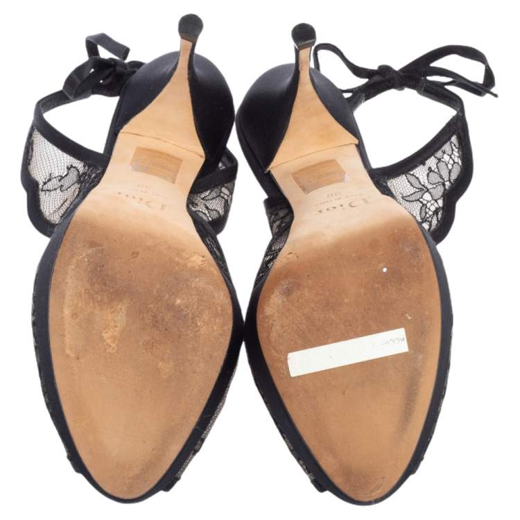 Pre Owned Dior Black Lace And Satin Open Toe Slingback Sandals Size 38