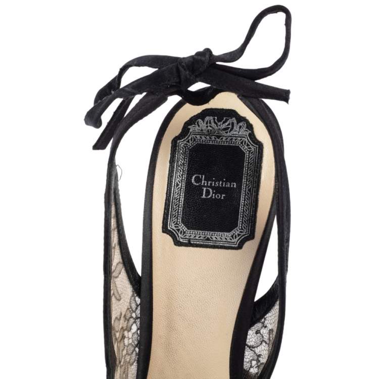 Pre Owned Dior Black Lace And Satin Open Toe Slingback Sandals Size 38