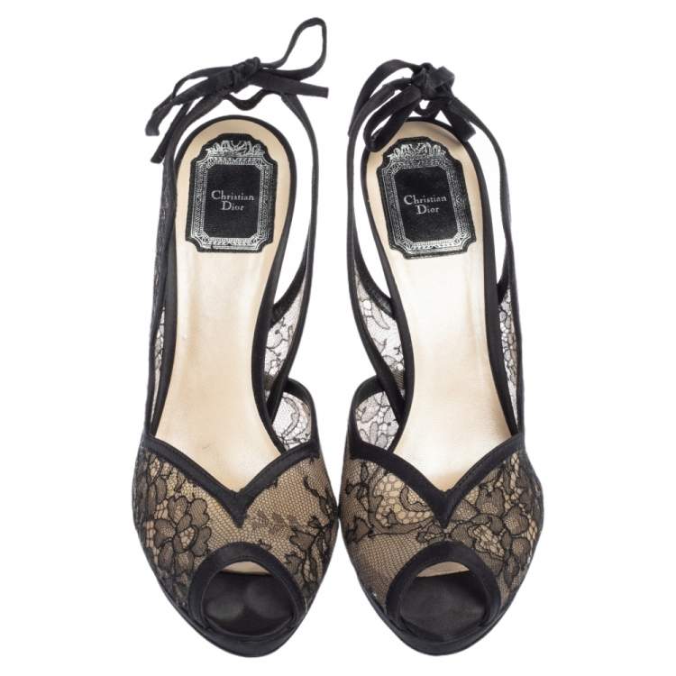 Pre Owned Dior Black Lace And Satin Open Toe Slingback Sandals Size 38